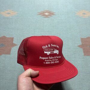 Vintage trucker hat mesh cap Fick & sons propane grayling Michigan red snapback